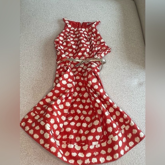 Eliza J  red/orange & White paint brush Polka Dot, Sleeveless, A-Line Dress - Picture 7 of 10